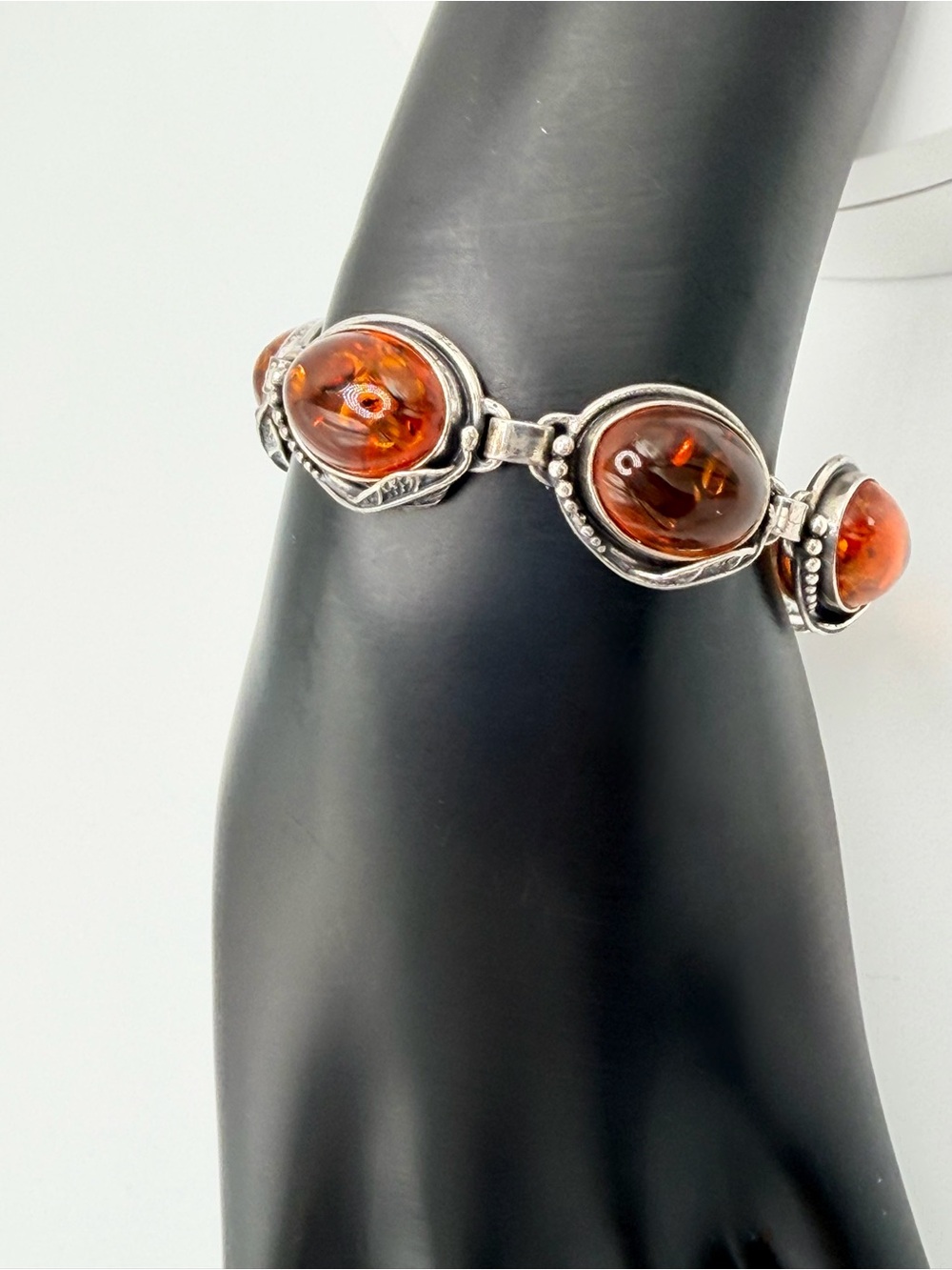 Vintage Oxidized Sterling Silver Leaf Pattern w/Oval Amber Cabochons Bracelet - Picture 6 of 16
